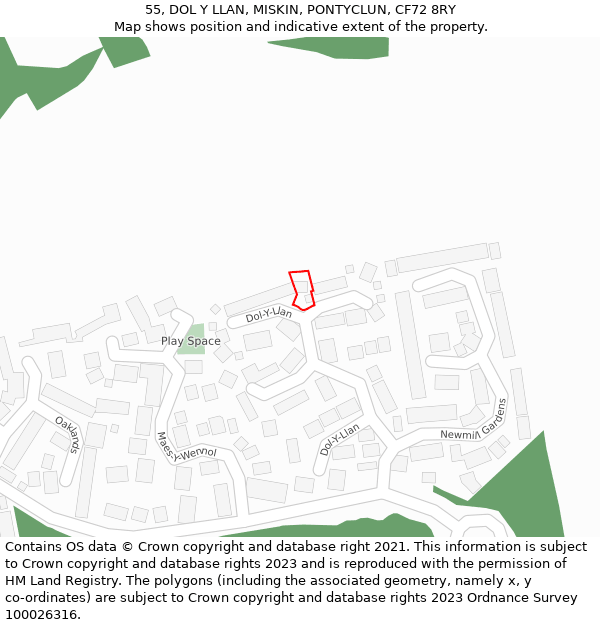 55, DOL Y LLAN, MISKIN, PONTYCLUN, CF72 8RY: Location map and indicative extent of plot