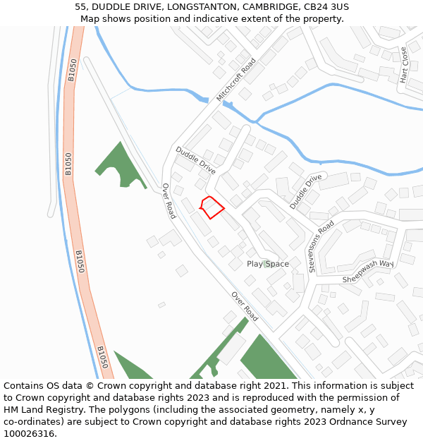 55, DUDDLE DRIVE, LONGSTANTON, CAMBRIDGE, CB24 3US: Location map and indicative extent of plot