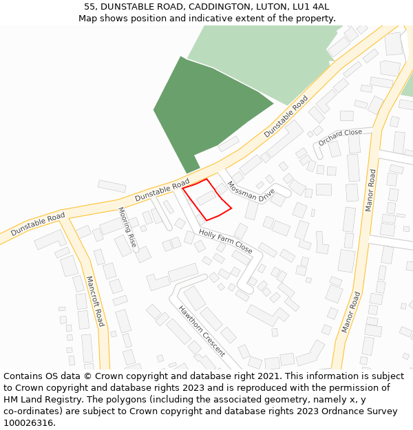 55, DUNSTABLE ROAD, CADDINGTON, LUTON, LU1 4AL: Location map and indicative extent of plot