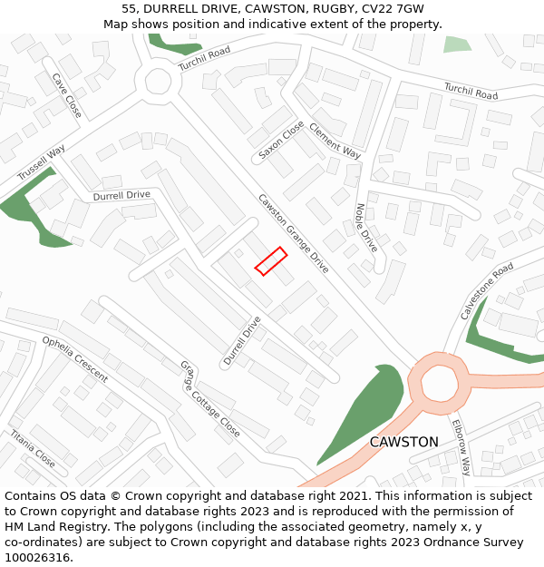 55, DURRELL DRIVE, CAWSTON, RUGBY, CV22 7GW: Location map and indicative extent of plot