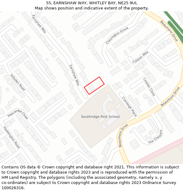 55, EARNSHAW WAY, WHITLEY BAY, NE25 9UL: Location map and indicative extent of plot