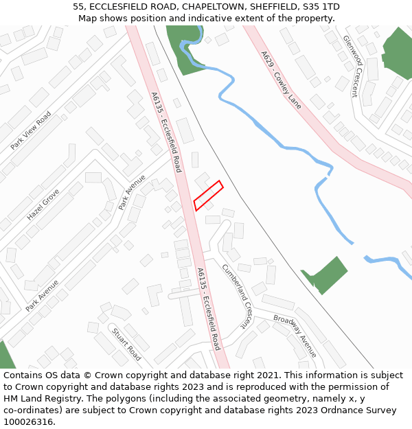 55, ECCLESFIELD ROAD, CHAPELTOWN, SHEFFIELD, S35 1TD: Location map and indicative extent of plot