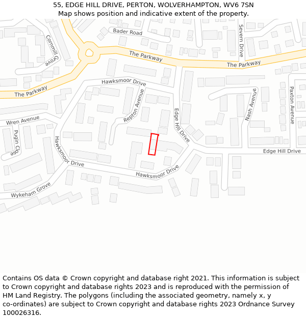 55, EDGE HILL DRIVE, PERTON, WOLVERHAMPTON, WV6 7SN: Location map and indicative extent of plot