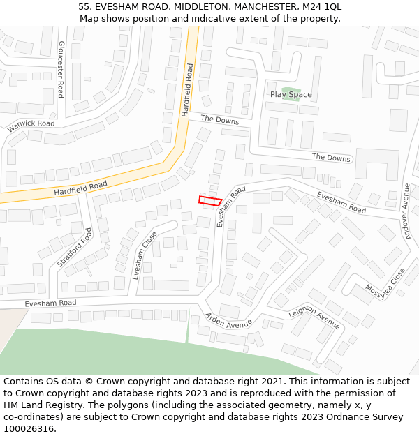 55, EVESHAM ROAD, MIDDLETON, MANCHESTER, M24 1QL: Location map and indicative extent of plot