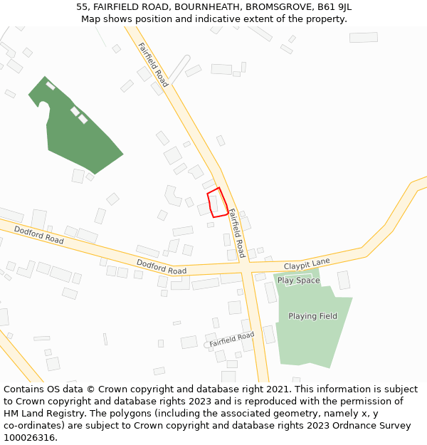 55, FAIRFIELD ROAD, BOURNHEATH, BROMSGROVE, B61 9JL: Location map and indicative extent of plot