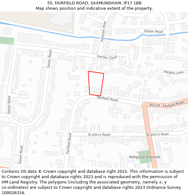 55, FAIRFIELD ROAD, SAXMUNDHAM, IP17 1BB: Location map and indicative extent of plot