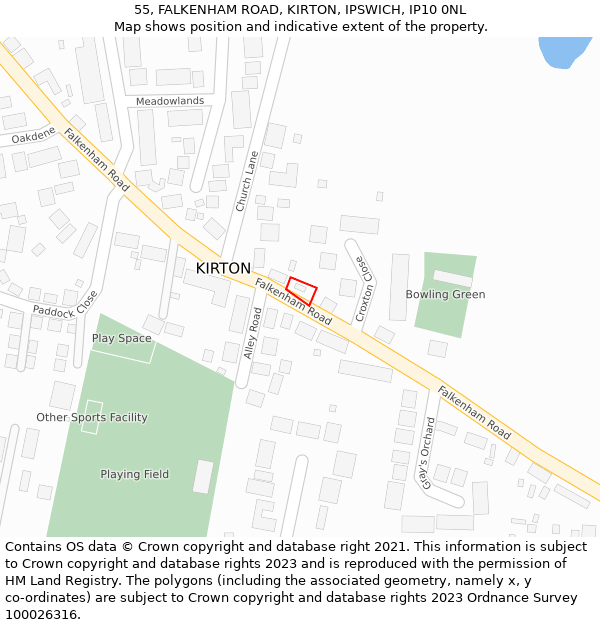 55, FALKENHAM ROAD, KIRTON, IPSWICH, IP10 0NL: Location map and indicative extent of plot