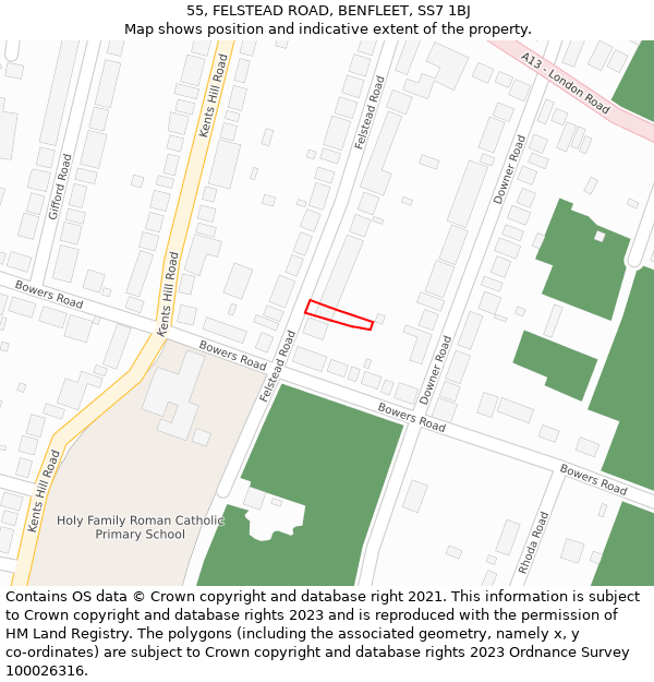 55, FELSTEAD ROAD, BENFLEET, SS7 1BJ: Location map and indicative extent of plot