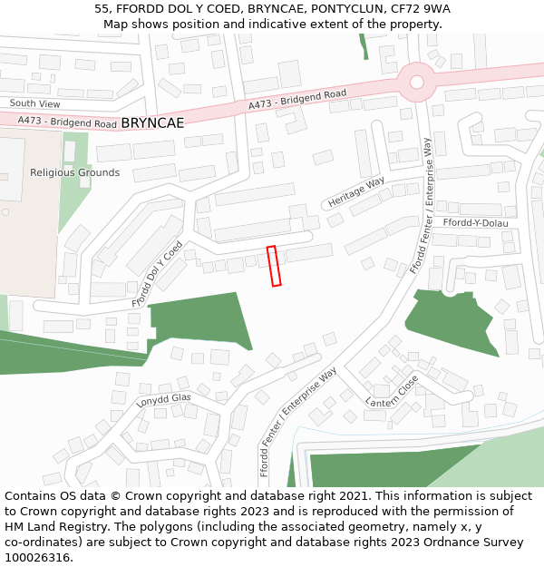 55, FFORDD DOL Y COED, BRYNCAE, PONTYCLUN, CF72 9WA: Location map and indicative extent of plot