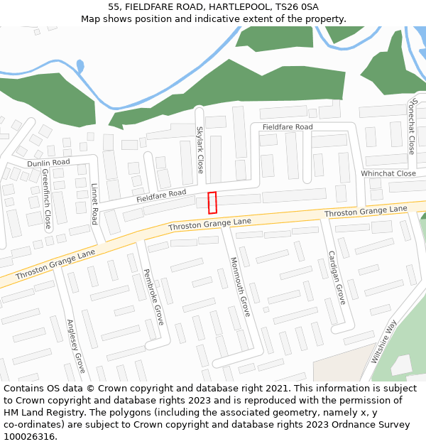 55, FIELDFARE ROAD, HARTLEPOOL, TS26 0SA: Location map and indicative extent of plot