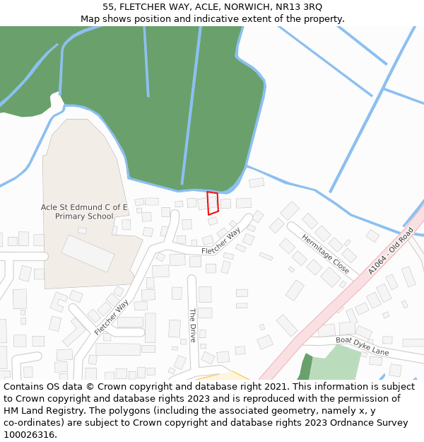 55, FLETCHER WAY, ACLE, NORWICH, NR13 3RQ: Location map and indicative extent of plot