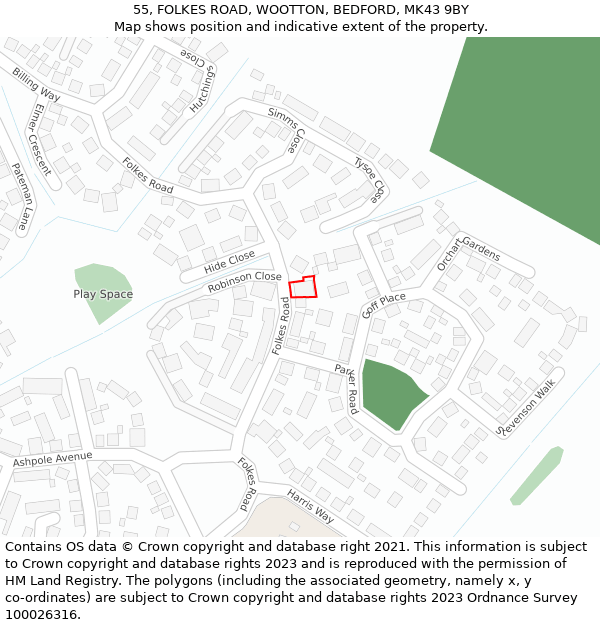 55, FOLKES ROAD, WOOTTON, BEDFORD, MK43 9BY: Location map and indicative extent of plot