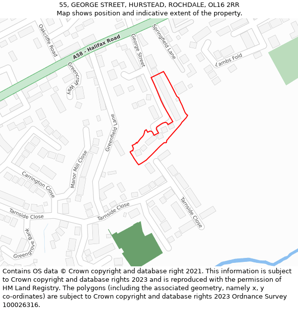 55, GEORGE STREET, HURSTEAD, ROCHDALE, OL16 2RR: Location map and indicative extent of plot