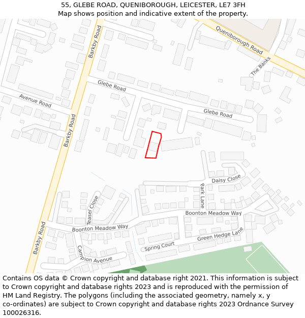 55, GLEBE ROAD, QUENIBOROUGH, LEICESTER, LE7 3FH: Location map and indicative extent of plot