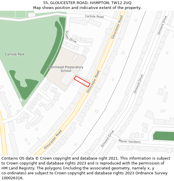 55, GLOUCESTER ROAD, HAMPTON, TW12 2UQ: Location map and indicative extent of plot