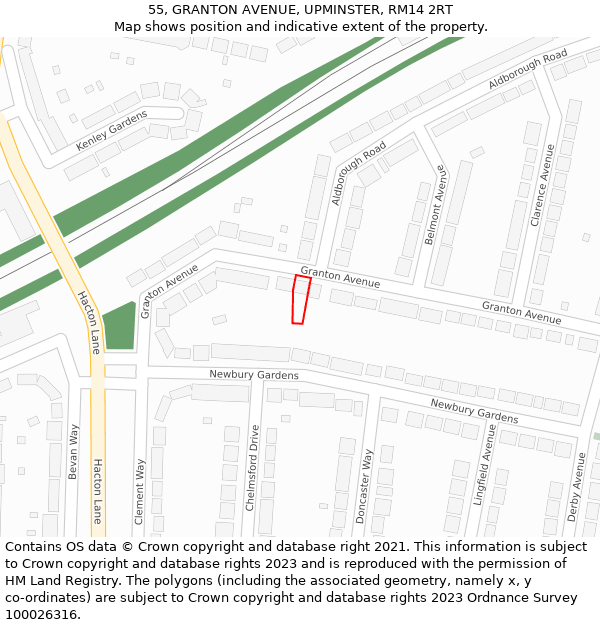 55, GRANTON AVENUE, UPMINSTER, RM14 2RT: Location map and indicative extent of plot