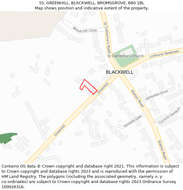 55, GREENHILL, BLACKWELL, BROMSGROVE, B60 1BL: Location map and indicative extent of plot