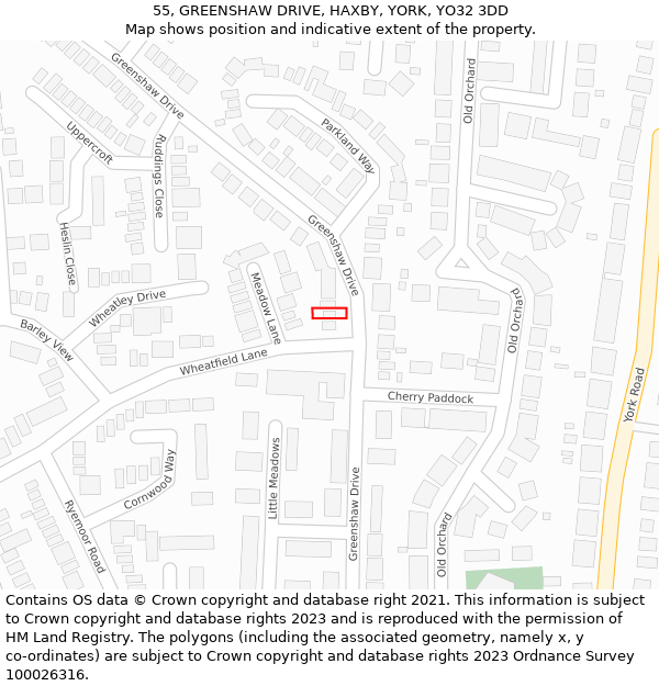 55, GREENSHAW DRIVE, HAXBY, YORK, YO32 3DD: Location map and indicative extent of plot