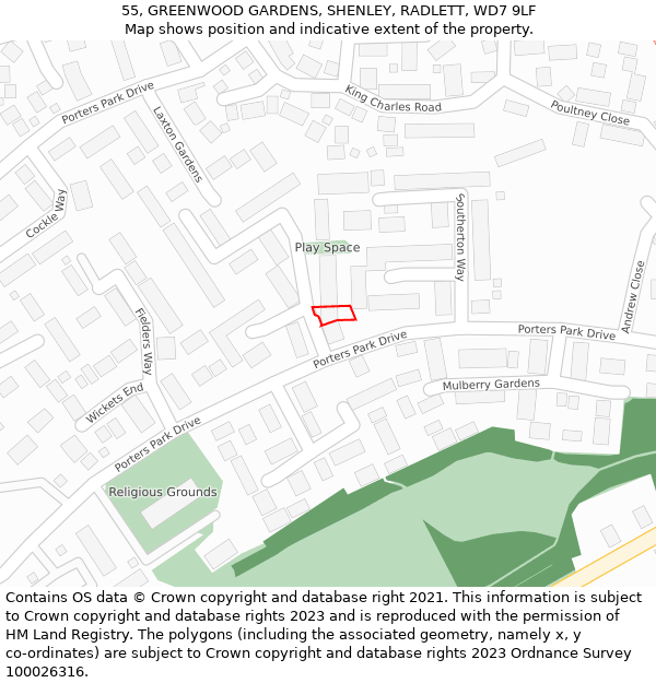 55, GREENWOOD GARDENS, SHENLEY, RADLETT, WD7 9LF: Location map and indicative extent of plot