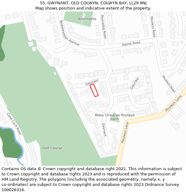 55, GWYNANT, OLD COLWYN, COLWYN BAY, LL29 9NJ: Location map and indicative extent of plot