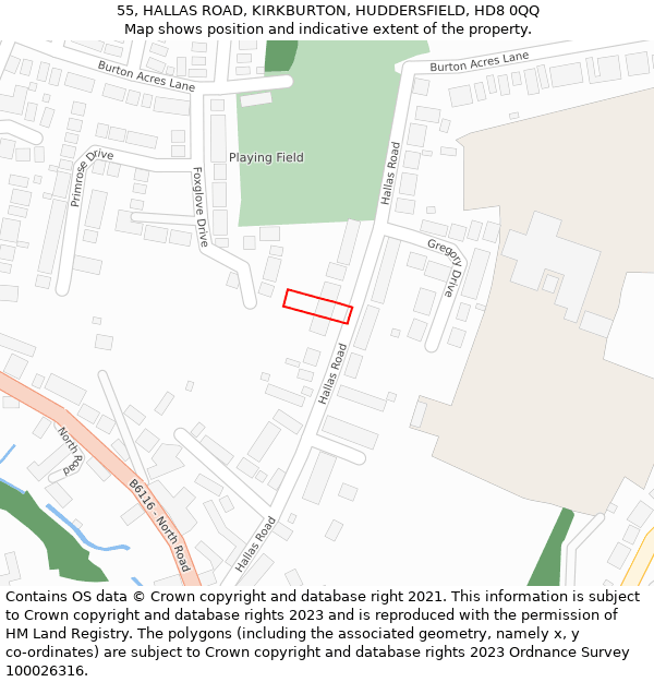 55, HALLAS ROAD, KIRKBURTON, HUDDERSFIELD, HD8 0QQ: Location map and indicative extent of plot