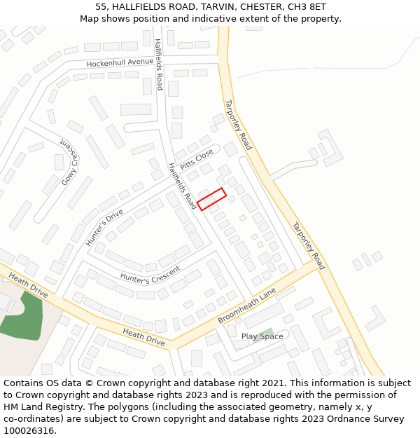 55, HALLFIELDS ROAD, TARVIN, CHESTER, CH3 8ET: Location map and indicative extent of plot