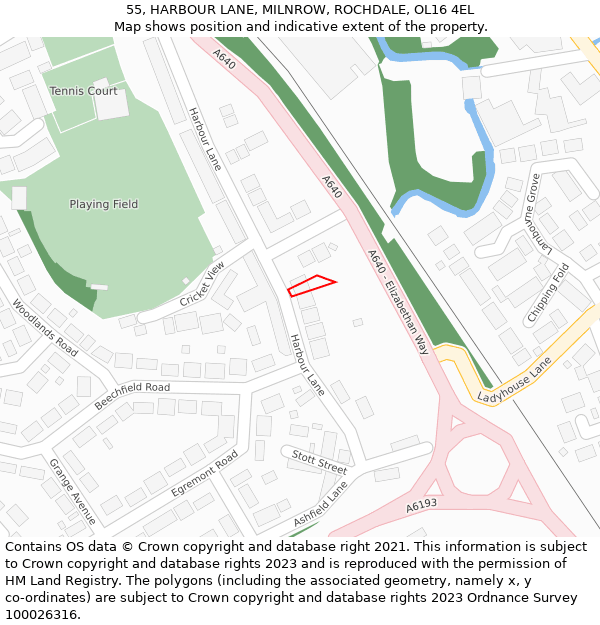 55, HARBOUR LANE, MILNROW, ROCHDALE, OL16 4EL: Location map and indicative extent of plot