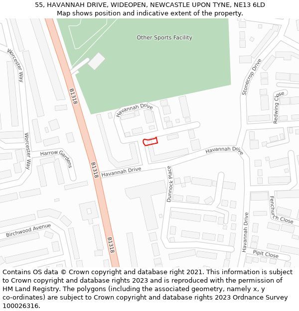 55, HAVANNAH DRIVE, WIDEOPEN, NEWCASTLE UPON TYNE, NE13 6LD: Location map and indicative extent of plot