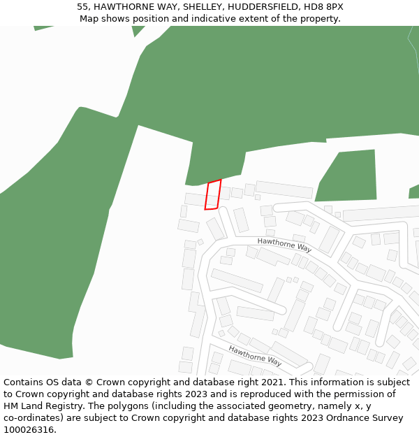 55, HAWTHORNE WAY, SHELLEY, HUDDERSFIELD, HD8 8PX: Location map and indicative extent of plot