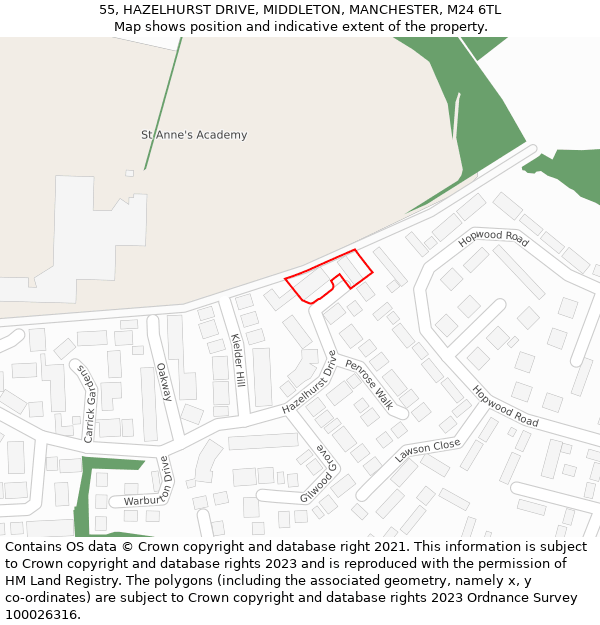55, HAZELHURST DRIVE, MIDDLETON, MANCHESTER, M24 6TL: Location map and indicative extent of plot