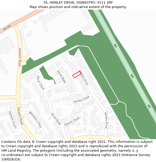 55, HENLEY DRIVE, OSWESTRY, SY11 2RF: Location map and indicative extent of plot