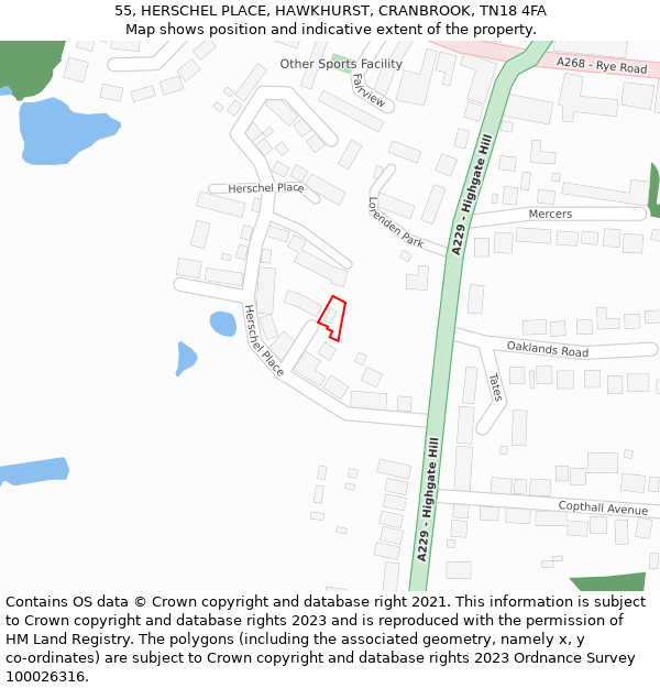 55, HERSCHEL PLACE, HAWKHURST, CRANBROOK, TN18 4FA: Location map and indicative extent of plot