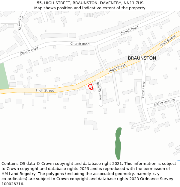 55, HIGH STREET, BRAUNSTON, DAVENTRY, NN11 7HS: Location map and indicative extent of plot