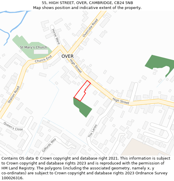 55, HIGH STREET, OVER, CAMBRIDGE, CB24 5NB: Location map and indicative extent of plot
