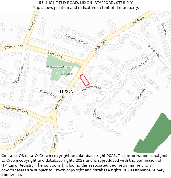 55, HIGHFIELD ROAD, HIXON, STAFFORD, ST18 0LY: Location map and indicative extent of plot