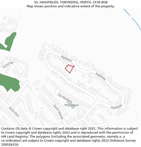 55, HIGHFIELDS, TONYREFAIL, PORTH, CF39 8GB: Location map and indicative extent of plot