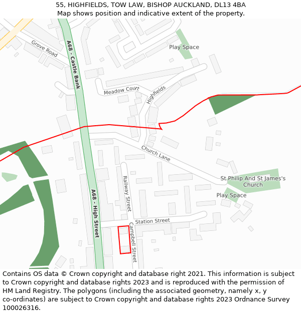 55, HIGHFIELDS, TOW LAW, BISHOP AUCKLAND, DL13 4BA: Location map and indicative extent of plot