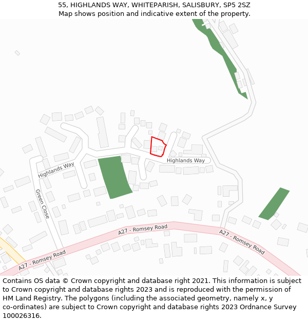 55, HIGHLANDS WAY, WHITEPARISH, SALISBURY, SP5 2SZ: Location map and indicative extent of plot