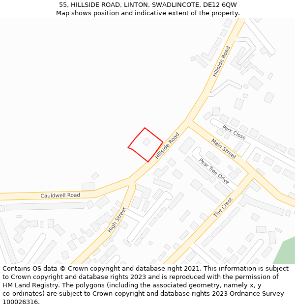 55, HILLSIDE ROAD, LINTON, SWADLINCOTE, DE12 6QW: Location map and indicative extent of plot