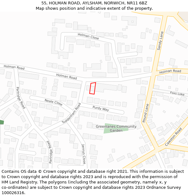 55, HOLMAN ROAD, AYLSHAM, NORWICH, NR11 6BZ: Location map and indicative extent of plot