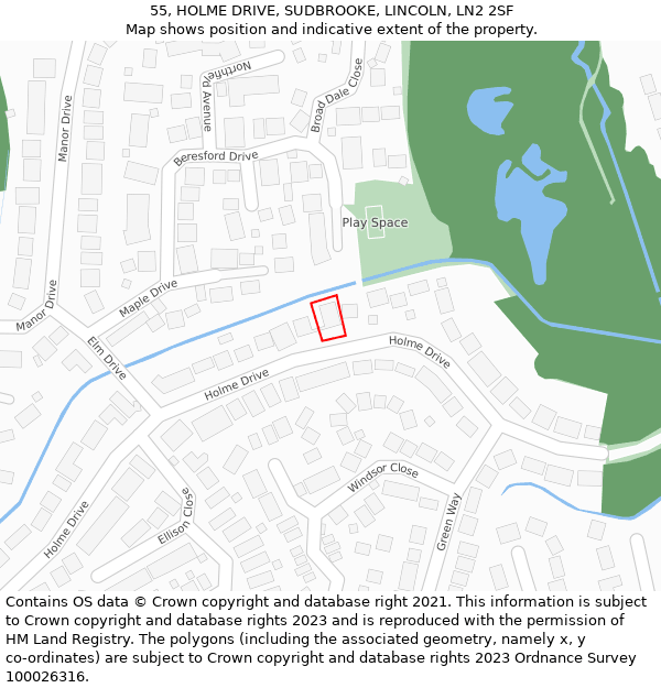 55, HOLME DRIVE, SUDBROOKE, LINCOLN, LN2 2SF: Location map and indicative extent of plot