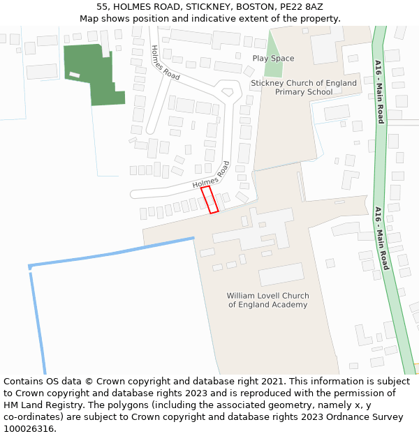 55, HOLMES ROAD, STICKNEY, BOSTON, PE22 8AZ: Location map and indicative extent of plot