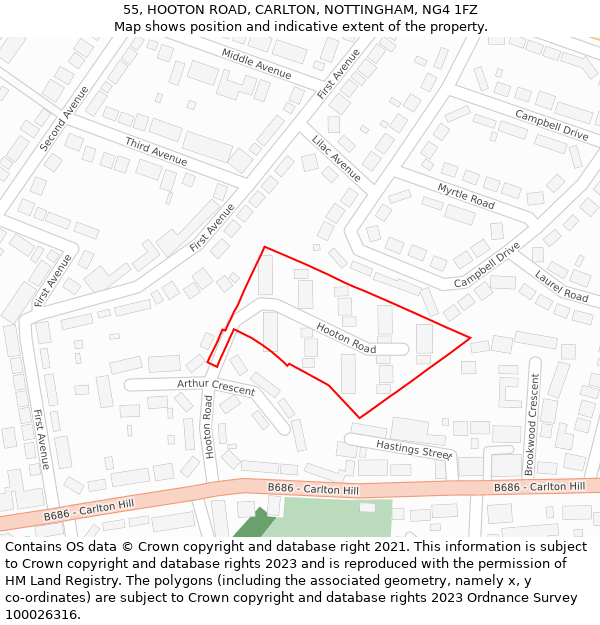 55, HOOTON ROAD, CARLTON, NOTTINGHAM, NG4 1FZ: Location map and indicative extent of plot