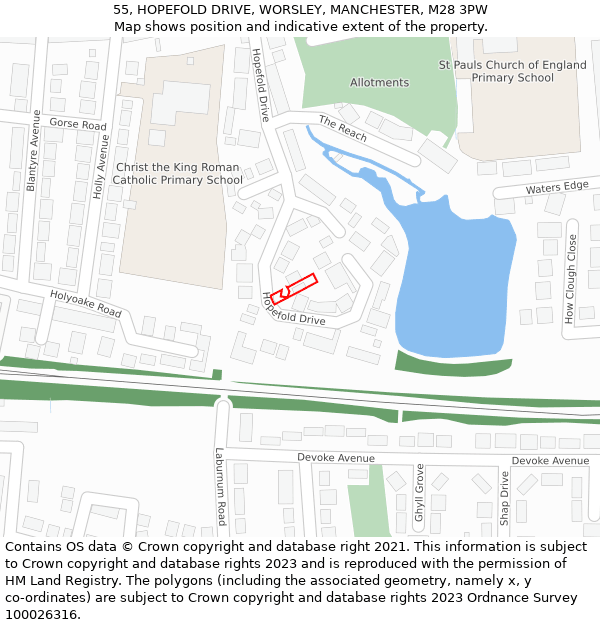 55, HOPEFOLD DRIVE, WORSLEY, MANCHESTER, M28 3PW: Location map and indicative extent of plot