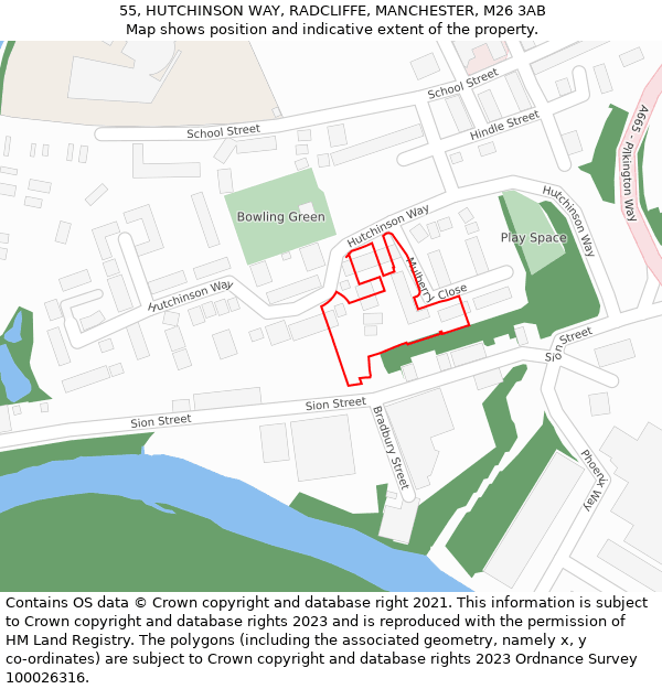 55, HUTCHINSON WAY, RADCLIFFE, MANCHESTER, M26 3AB: Location map and indicative extent of plot