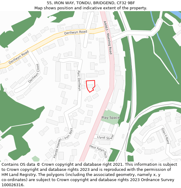 55, IRON WAY, TONDU, BRIDGEND, CF32 9BF: Location map and indicative extent of plot