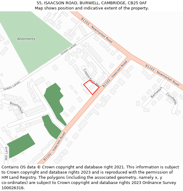 55, ISAACSON ROAD, BURWELL, CAMBRIDGE, CB25 0AF: Location map and indicative extent of plot