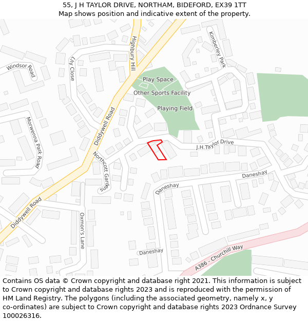 55, J H TAYLOR DRIVE, NORTHAM, BIDEFORD, EX39 1TT: Location map and indicative extent of plot