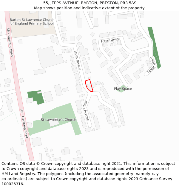 55, JEPPS AVENUE, BARTON, PRESTON, PR3 5AS: Location map and indicative extent of plot