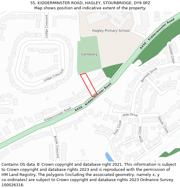 55, KIDDERMINSTER ROAD, HAGLEY, STOURBRIDGE, DY9 0PZ: Location map and indicative extent of plot